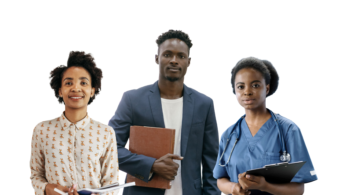 Three GEMS members: an office worker, a professional with a folder and a nurse with a clipboard